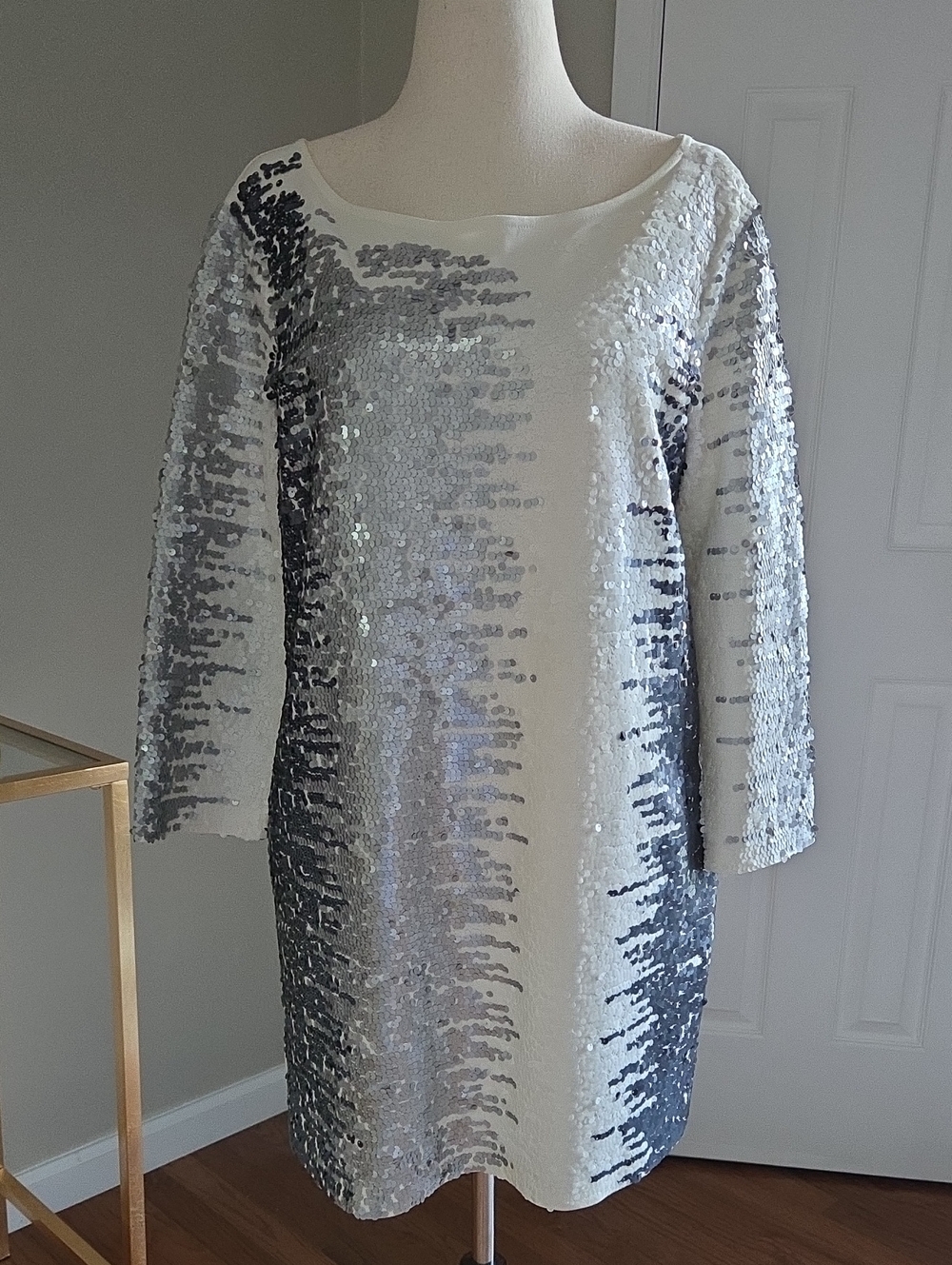 Joan Vass Sequin Tunic Top Silver White Long Sleeve 3XL